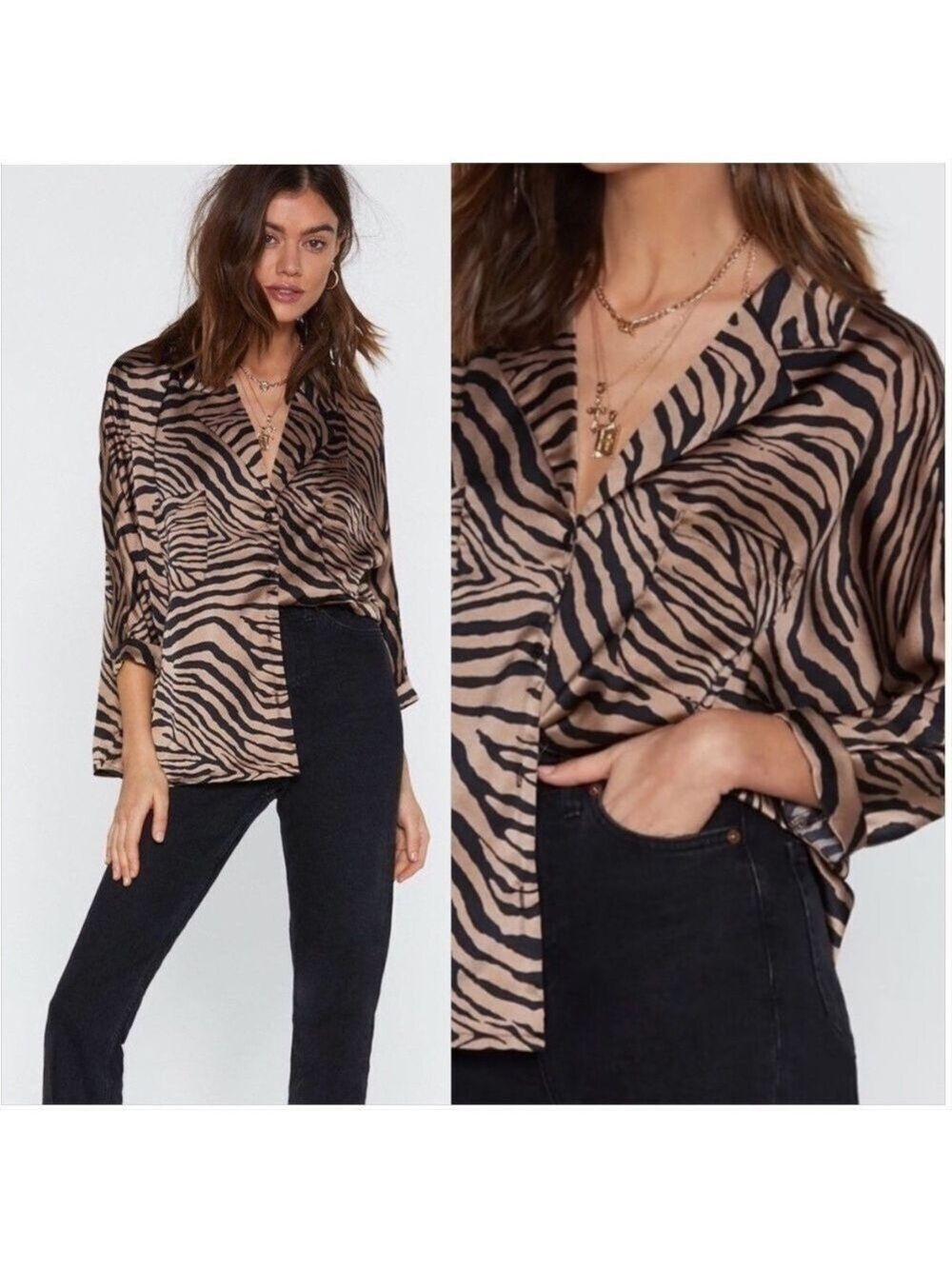 NASTY GAL SILKY TIGER ANIMAL PRINT BUTTON DOWN TOP BLOUSE